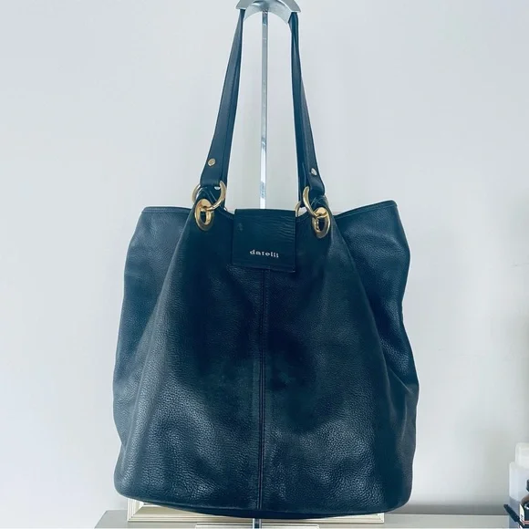 BORSE DATELLI BLACK PEBBLED LEATHER JUMBO SHOULDER BAG MAGNETIC CLOSURE - Picture 12 of 15